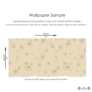 Atomic Burst Fiesta mid-century modern retro wallpaper sample with atomic starbursts in teal, lime, and mocha on beige background.
