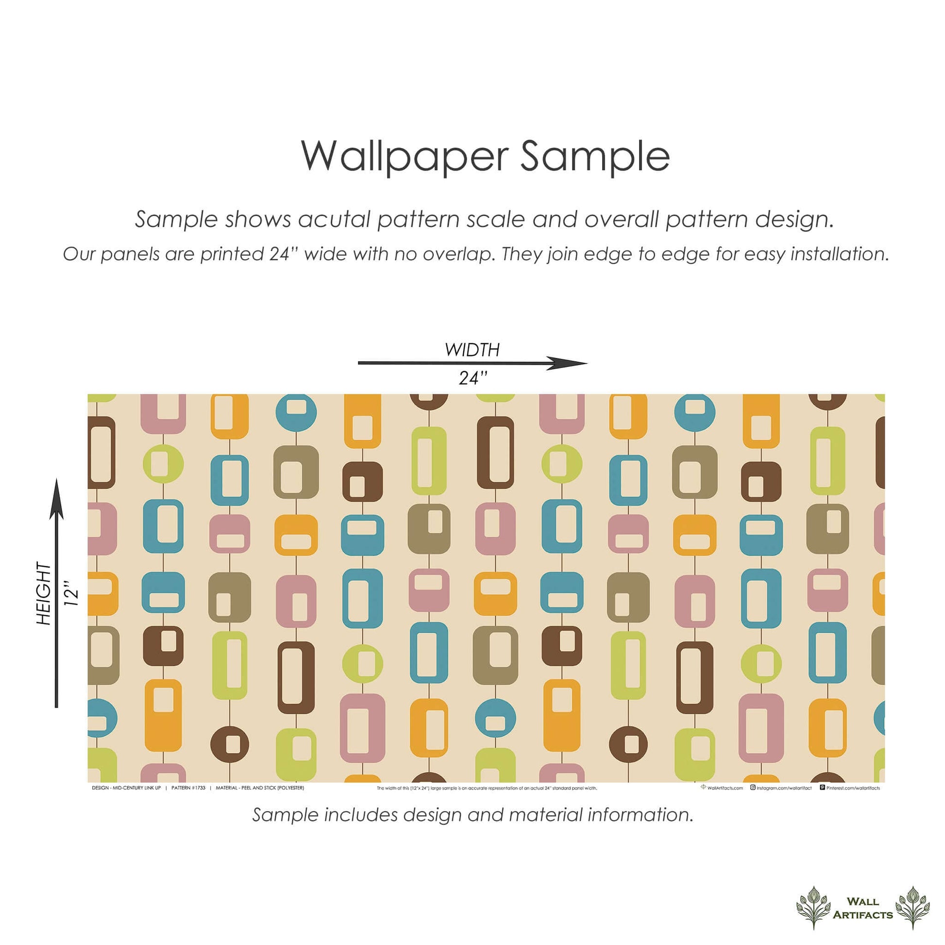 Retro geometric wallpaper sample with linked ovals and rectangles in teal, orange, pink, lime, and brown, showcasing mid-century-modern style.