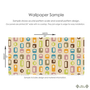 Retro geometric wallpaper sample with linked ovals and rectangles in teal, orange, pink, lime, and brown, showcasing mid-century-modern style.