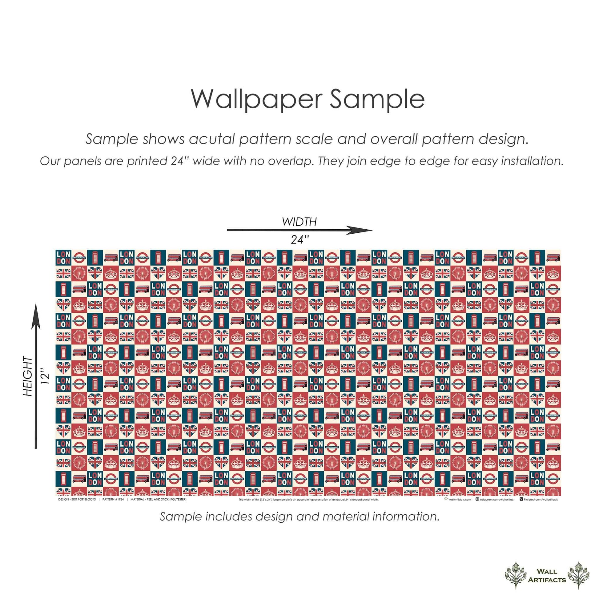 Brit Pop Blocks wallpaper sample featuring London icons in red, navy, and cream, ideal for modern art design.
