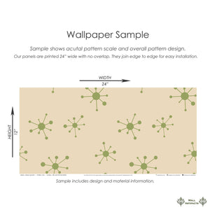 Atomic Age Dots wallpaper sample with mid-century modern geometric design featuring green retro patterns on beige background, 24x12 inches.