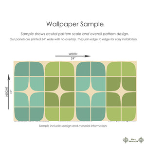 Atomic Garden Squares Wallpaper sample showcasing mid-century modern geometric floral design in green and aqua for retro-themed decor.
