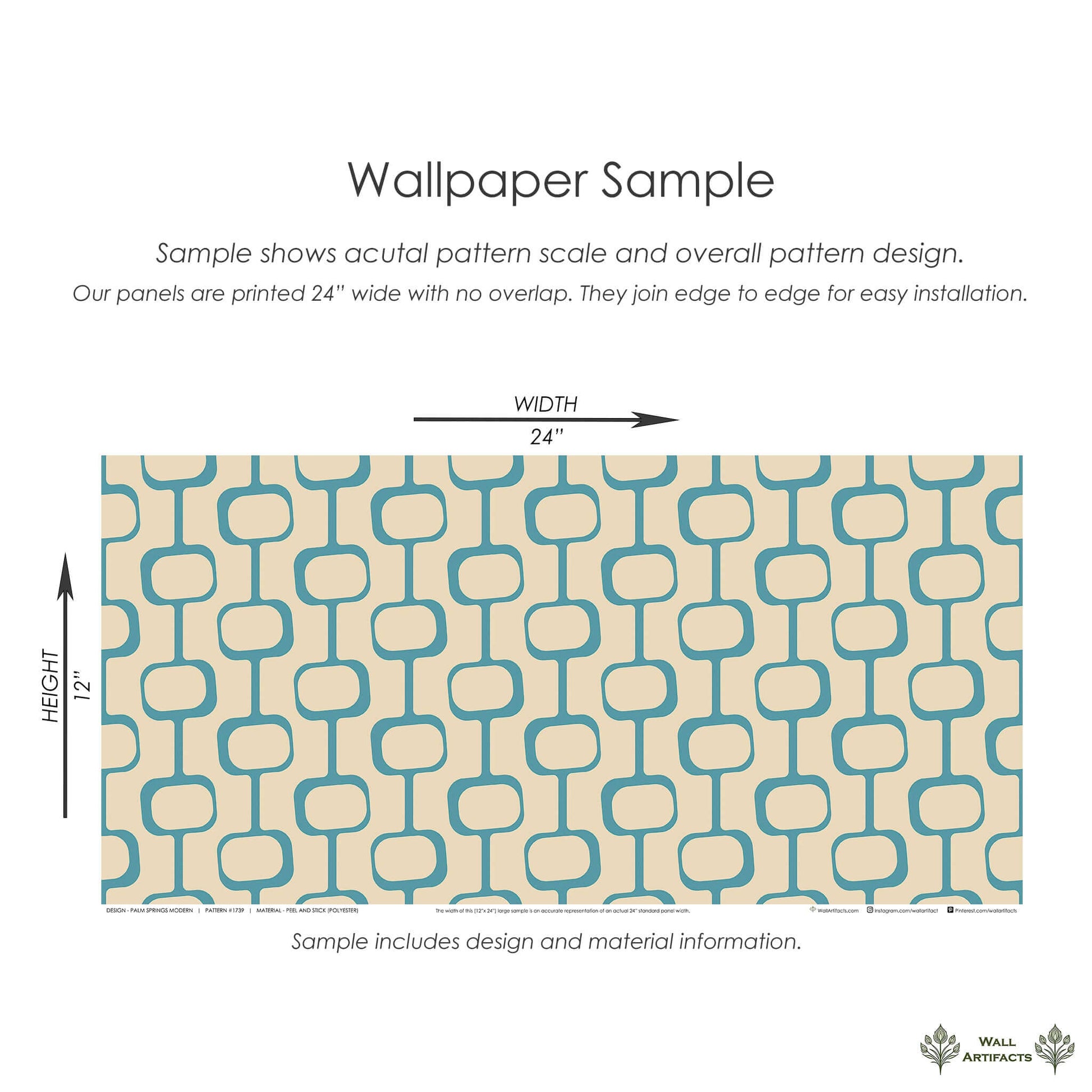 Palm Springs Modern wallpaper sample with geometric teal chain-link pattern on beige background, ideal for mid-century modern design.