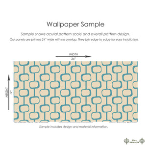 Palm Springs Modern wallpaper sample with geometric teal chain-link pattern on beige background, ideal for mid-century modern design.