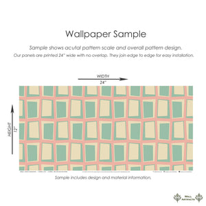 Atomic Windowpane mid-century modern geometric wallpaper with mint green & cream rectangles and coral lines, 24x12 inch sample.