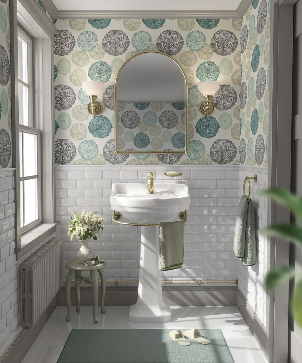Bathroom with modern sea urchins wallpaper in teal and sage, featuring coastal design accents and a white pedestal sink for a beach ambiance.