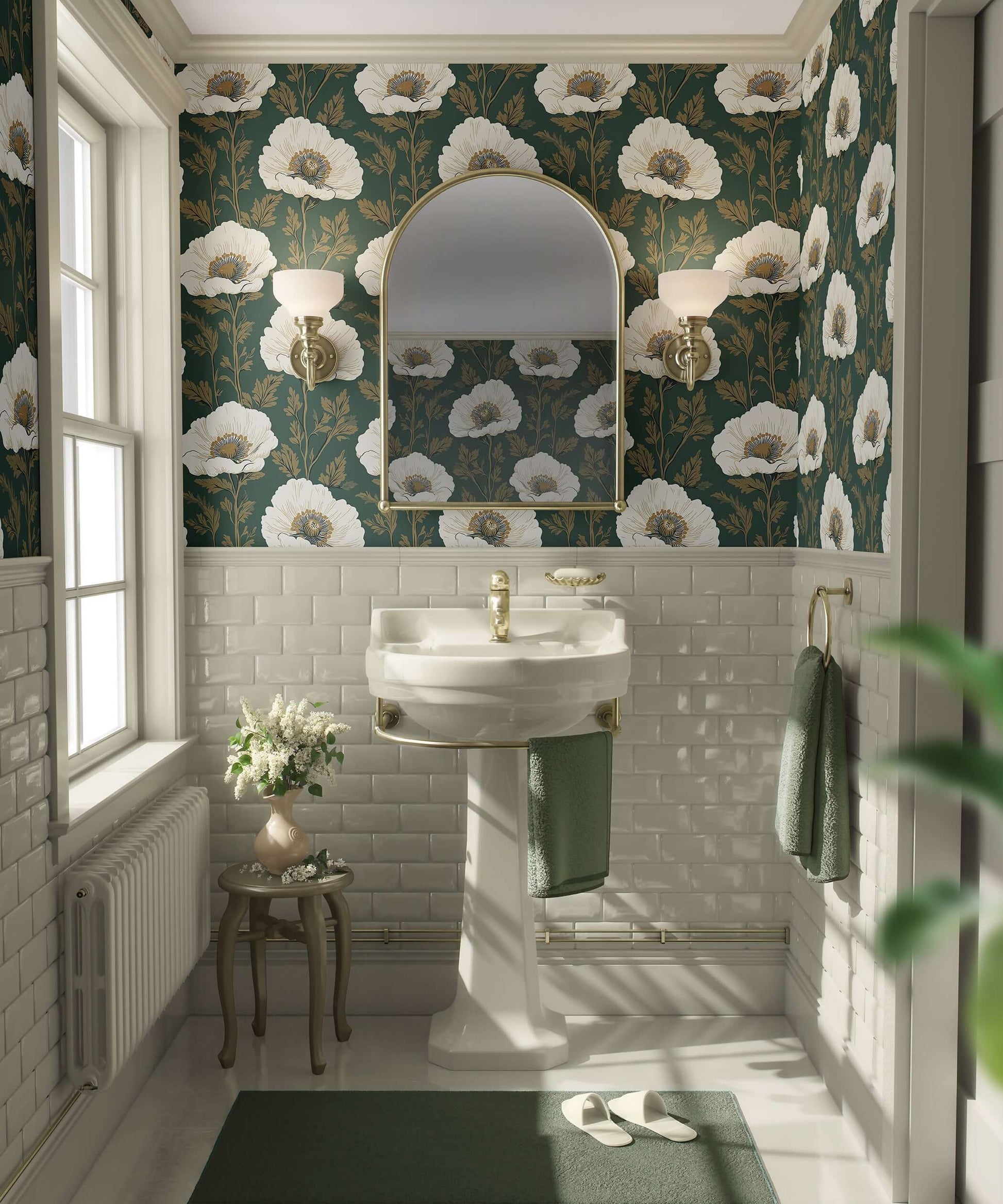 Vintage Poppy Charm wallpaper in bathroom, ivory poppies and gold twigs on dark green background, retro botanical elegance.