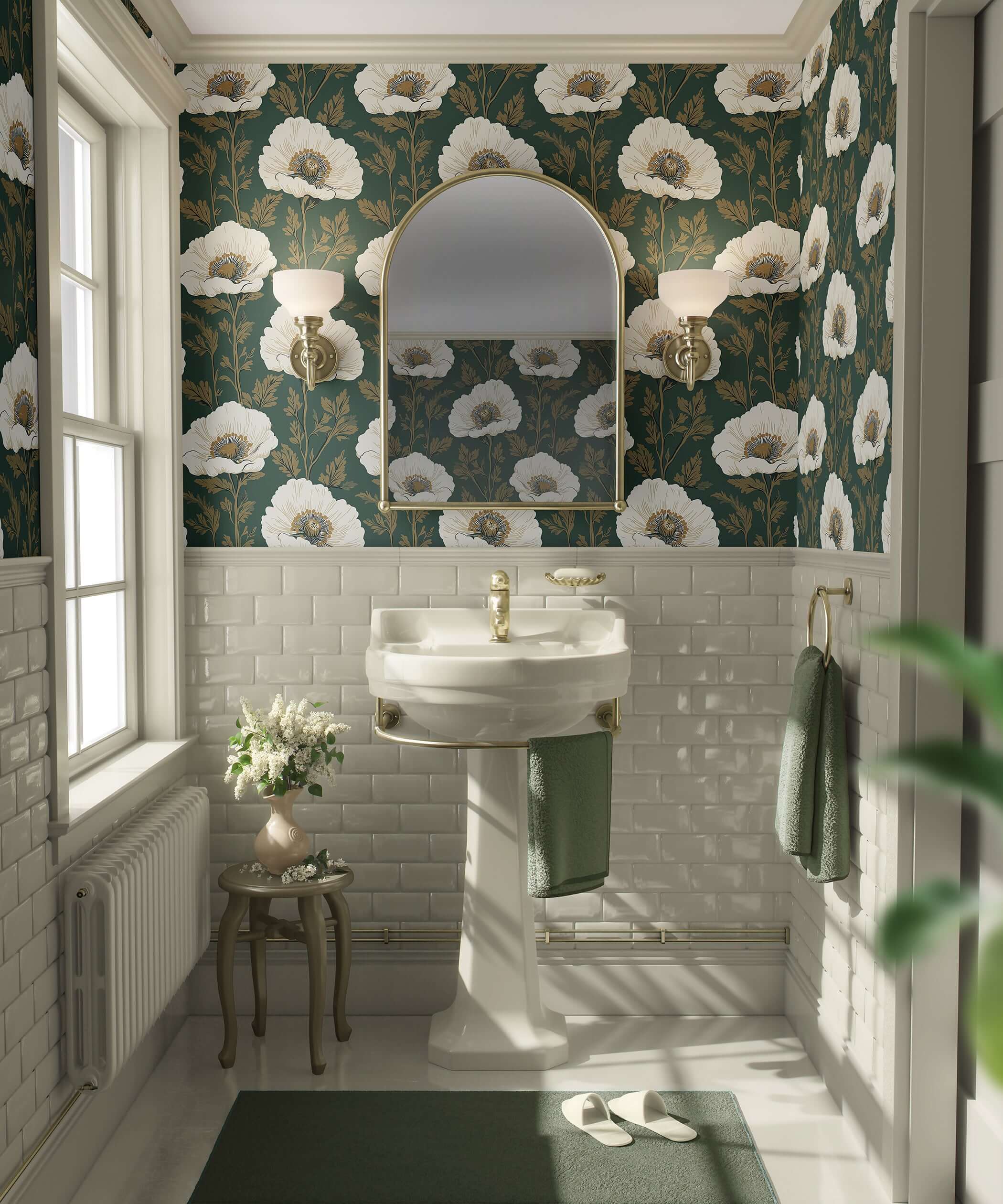 Vintage Poppy Charm wallpaper in bathroom, ivory poppies and gold twigs on dark green background, retro botanical elegance.