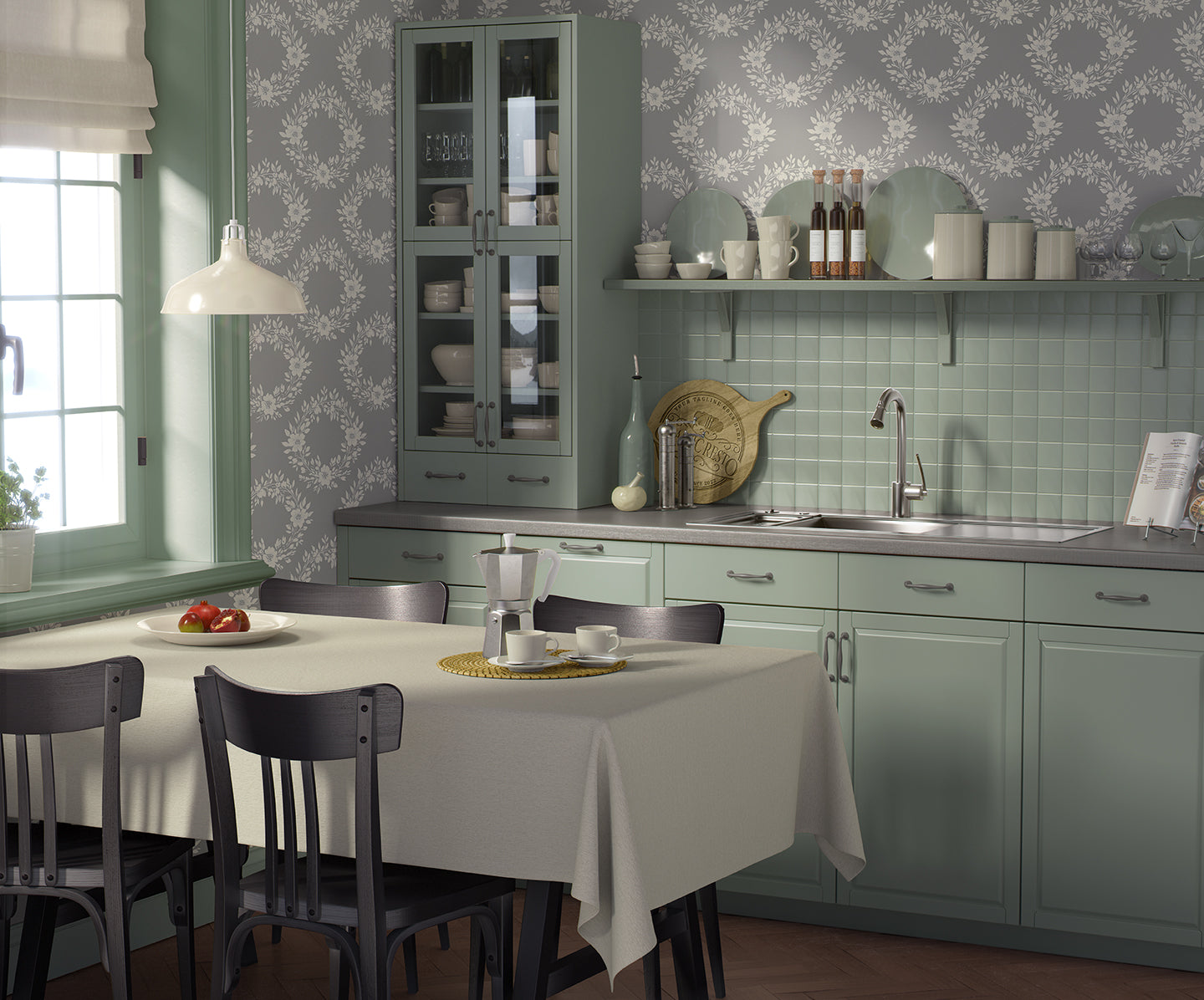 Elegant kitchen with Chic Wreath Design wallpaper featuring floral laurel wreaths, modern gray cabinets, and a cozy dining area.