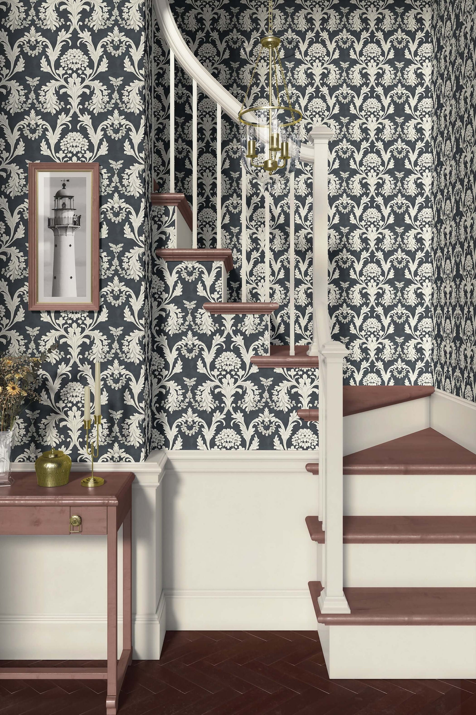 Baroque floral wallpaper with damask patterns enhancing a vintage stairwell setting, featuring a contrast of dark and soft white tones.