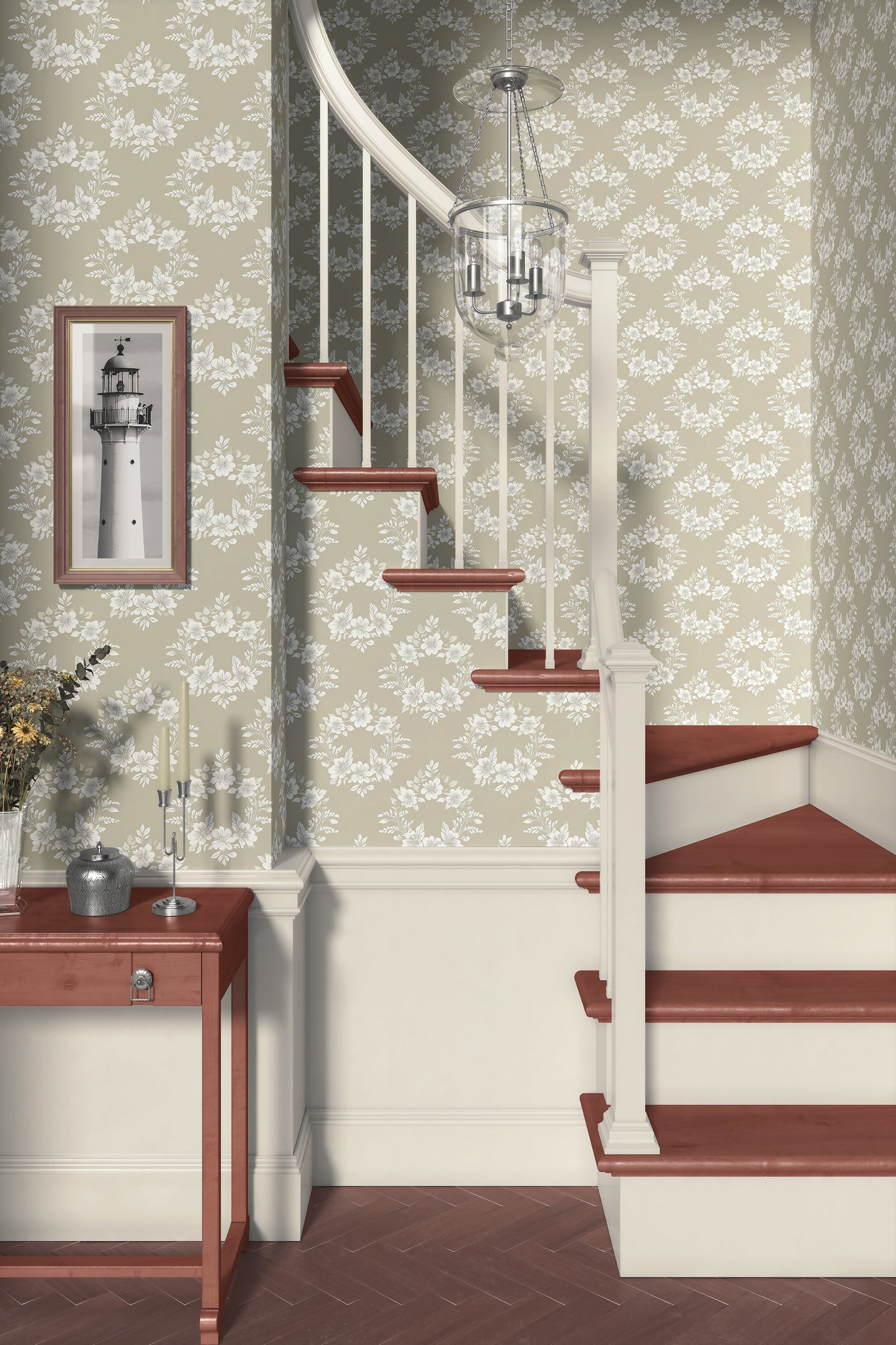 Traditional staircase with Delicate Bloom Collection wallpaper featuring white floral wreaths and laurels against a soft beige background.