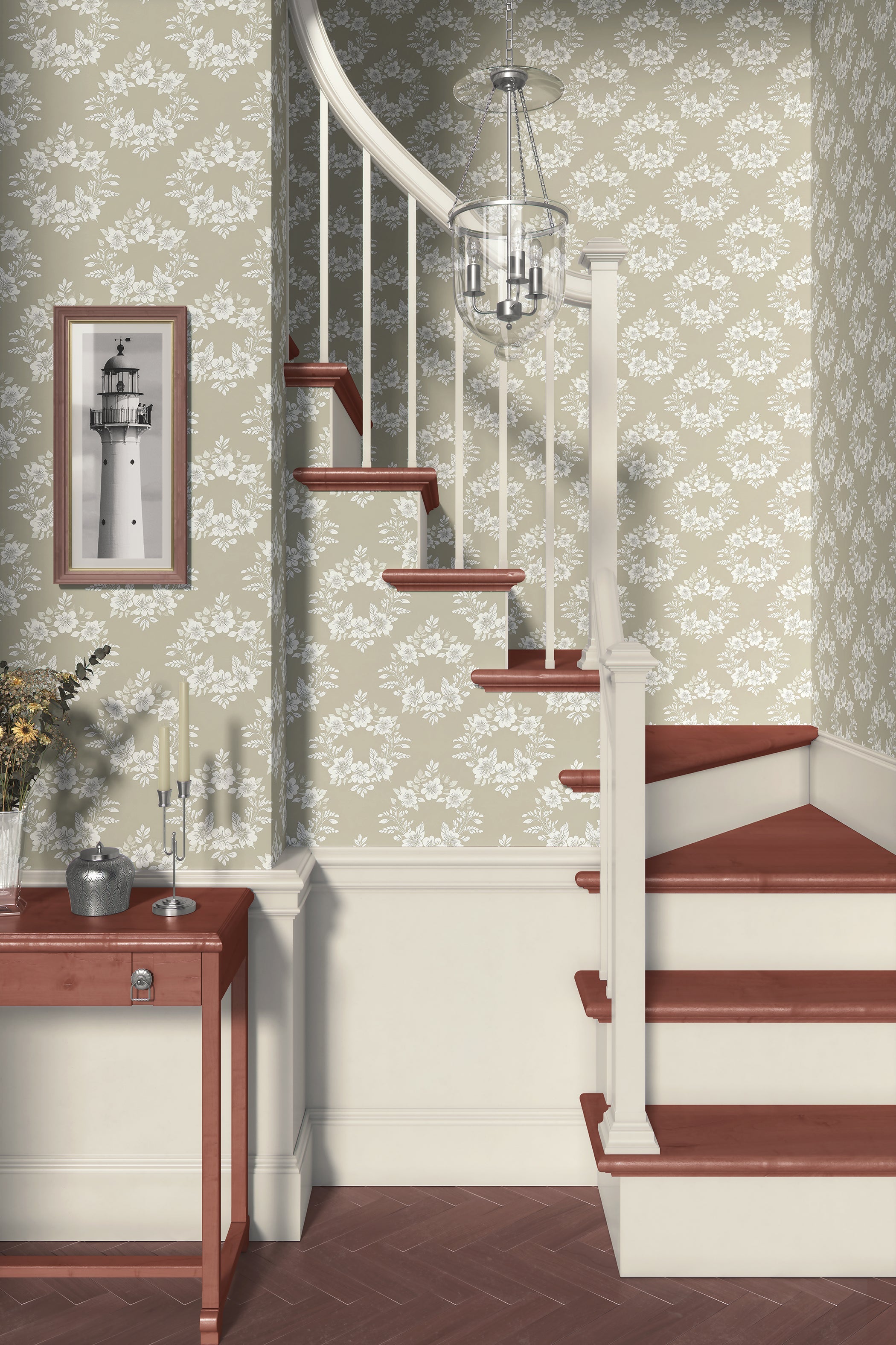 Traditional staircase with Delicate Bloom Collection wallpaper featuring white floral wreaths and laurels against a soft beige background.