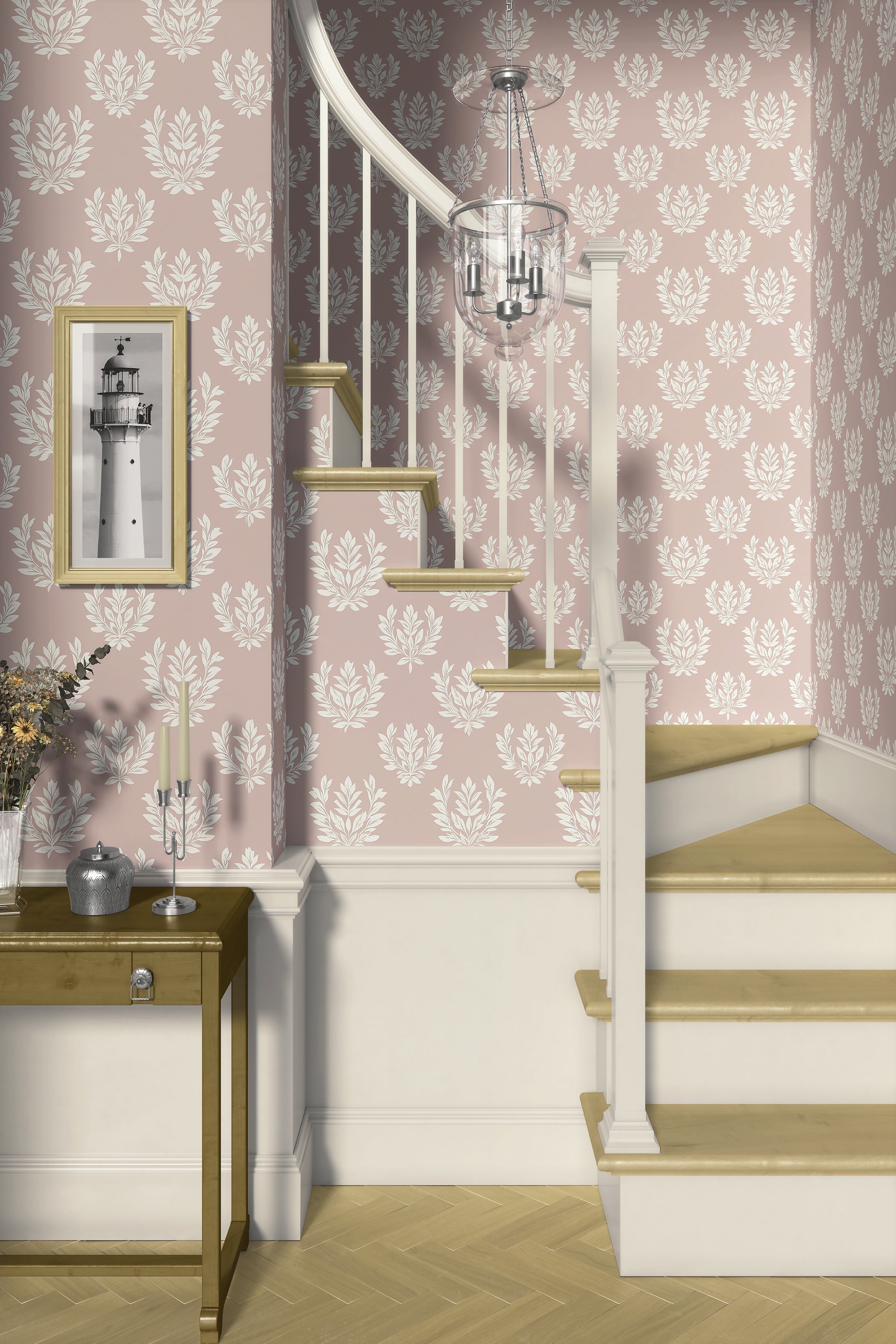 Staircase with Graceful Garden Wreaths wallpaper featuring ivory laurel wreaths on a soft blush background, adding classic elegance.