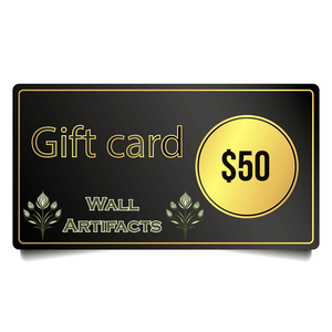 Wall Artifacts $50 digital gift card with gold and black design, perfect for birthdays, anniversaries, and celebrations.
