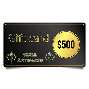 Wall Artifacts $500 digital gift card with gold and black design for birthdays, holidays, and celebrations.
