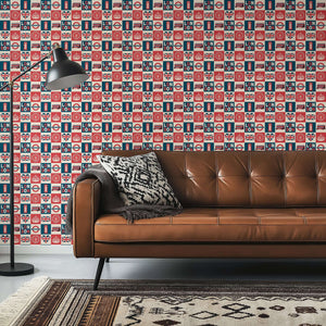 Modern London pop art wallpaper with red buses, Union Jacks, and Tube signs, ideal for accent walls in classic tones.
