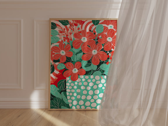 Bright Boho Garden art print featuring vibrant flowers in a turquoise vase, perfect for modern Bohemian wall decor.
