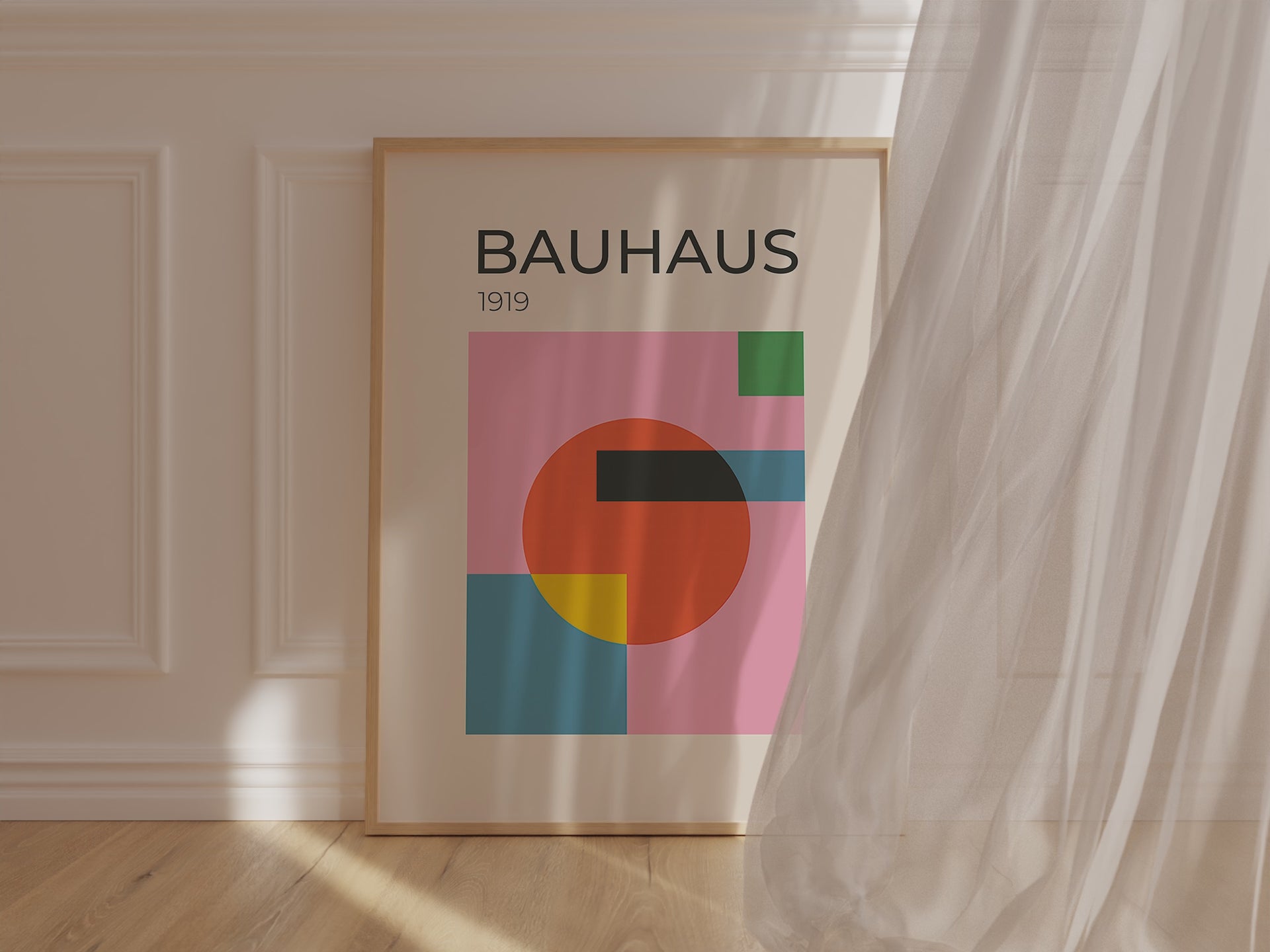 Bauhaus wall art print featuring geometric shapes and vibrant colors, inspired by the Bauhaus art movement.