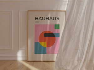 Bauhaus wall art print featuring geometric shapes and vibrant colors, inspired by the Bauhaus art movement.