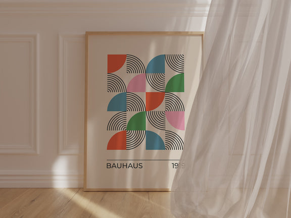 Bauhaus-inspired art print featuring colorful semicircles and black linework, perfect for modern interiors.