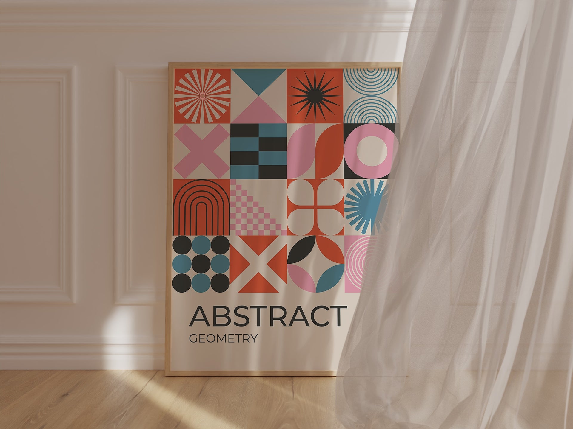 Bauhaus Icons art print featuring geometric shapes in modern design with terracotta, blush, black, and blue colors.