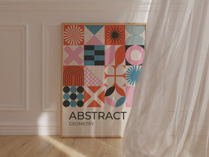 Bauhaus Icons art print featuring geometric shapes in modern design with terracotta, blush, black, and blue colors.