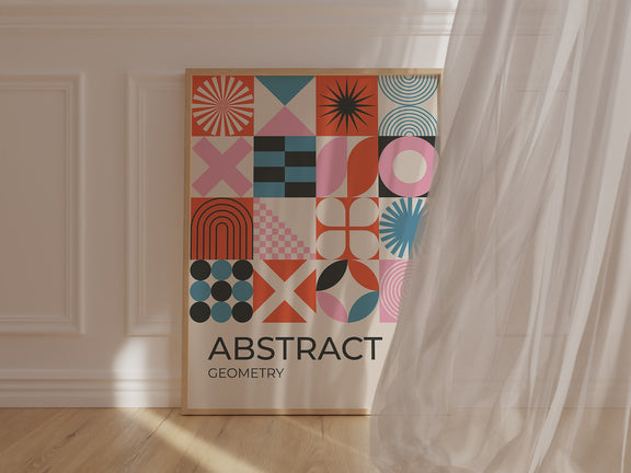 Bauhaus Icons art print featuring geometric shapes in modern design with terracotta, blush, black, and blue colors.