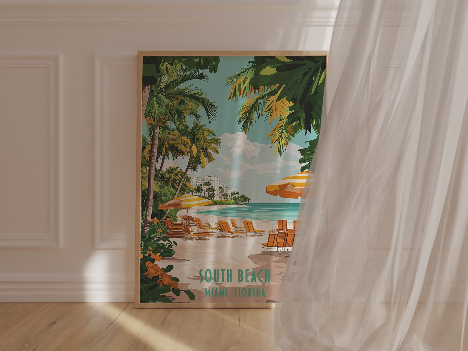 Vibrant art print of South Beach, Miami with palm trees, beach chairs, and umbrellas, capturing a tropical paradise vibe.