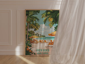 Vibrant art print of South Beach, Miami with palm trees, beach chairs, and umbrellas, capturing a tropical paradise vibe.