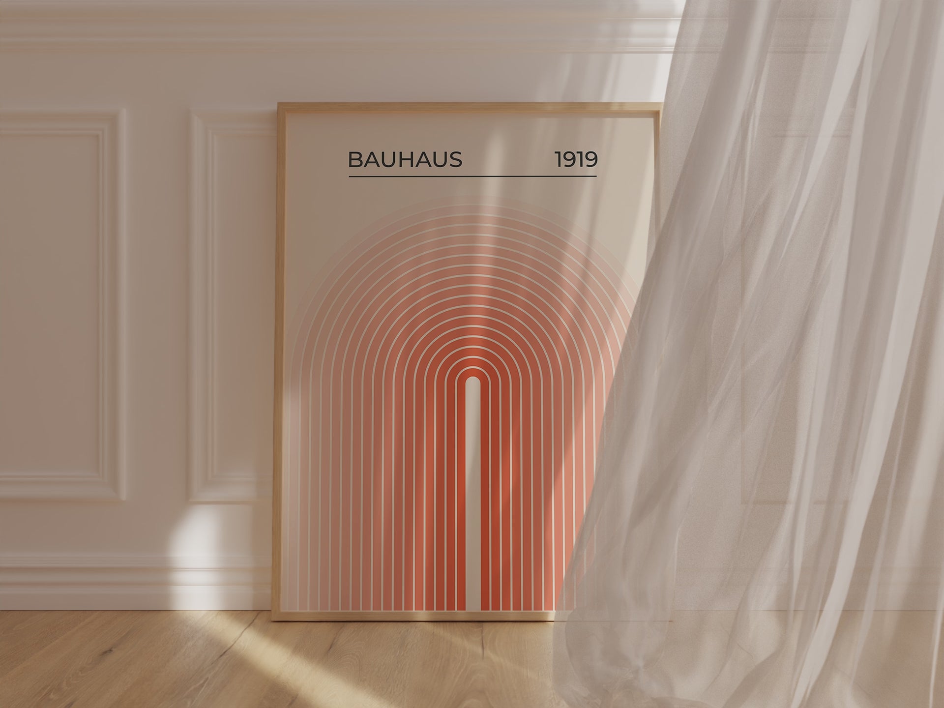 Bauhaus wall art print featuring concentric arches in warm gradient colors, inspired by modern architecture and minimalism.