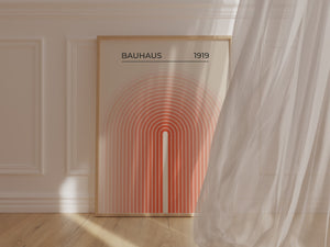 Bauhaus wall art print featuring concentric arches in warm gradient colors, inspired by modern architecture and minimalism.