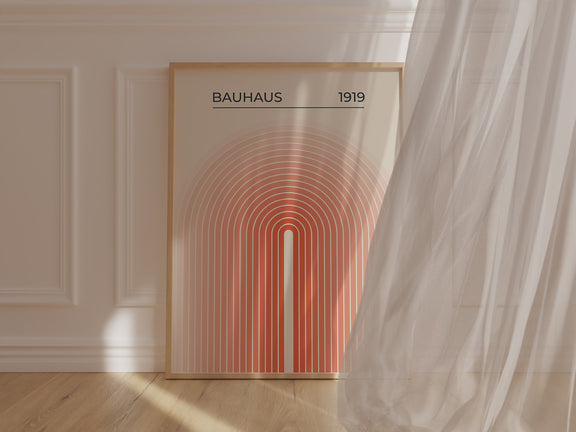 Bauhaus wall art print featuring concentric arches in warm gradient colors, inspired by modern architecture and minimalism.