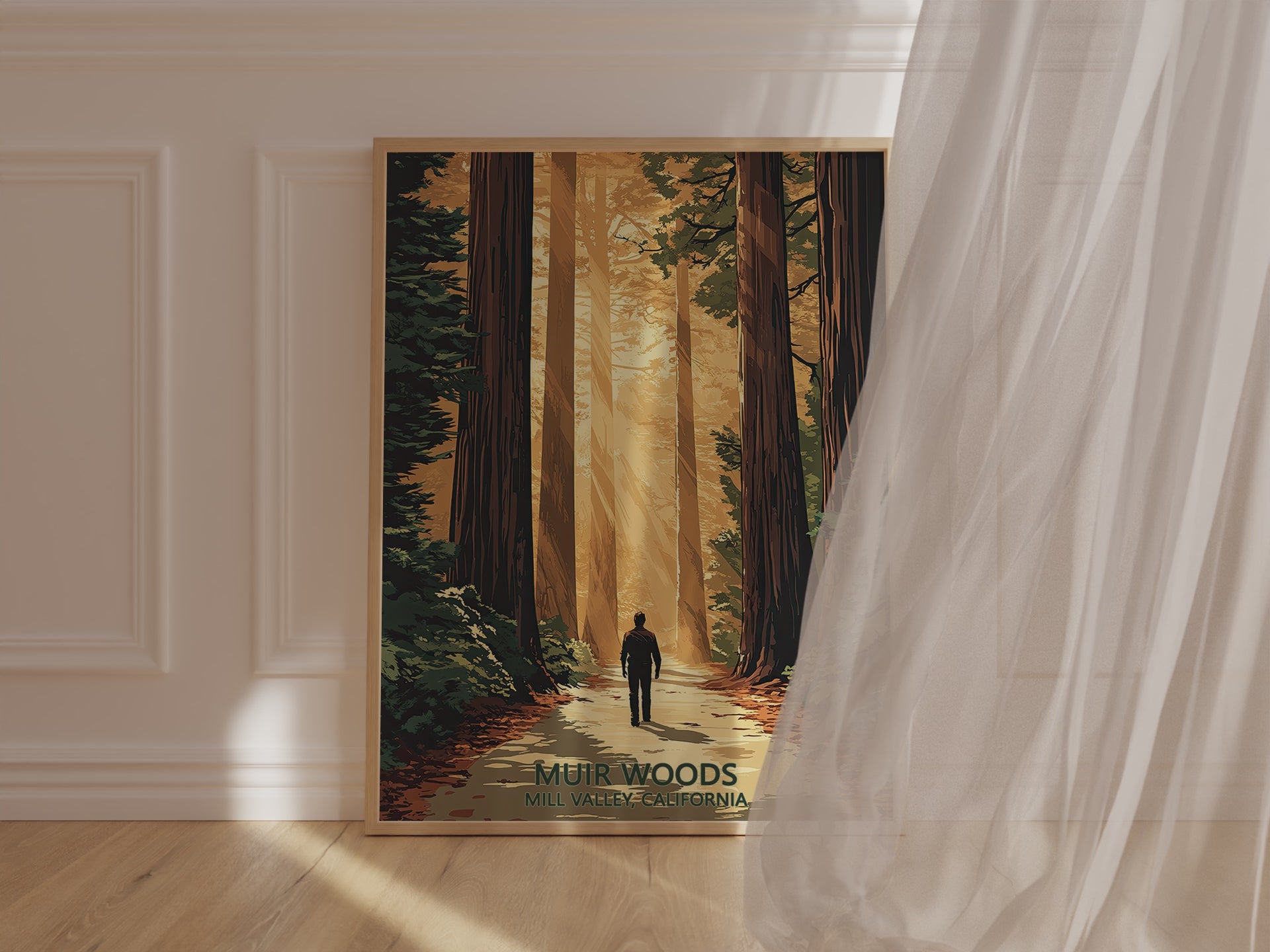 Vintage travel poster of Muir Woods in California with sunlight filtering through trees and a person walking on the path.