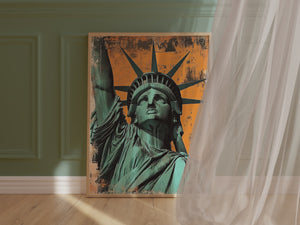 Bold art print of the Statue of Liberty in teal against an orange backdrop, ideal for modern interiors.