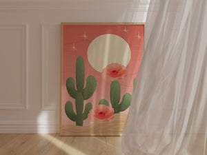 Golden Hour Cactus wall art print with flowering cacti and sunset, perfect for boho and modern decor.