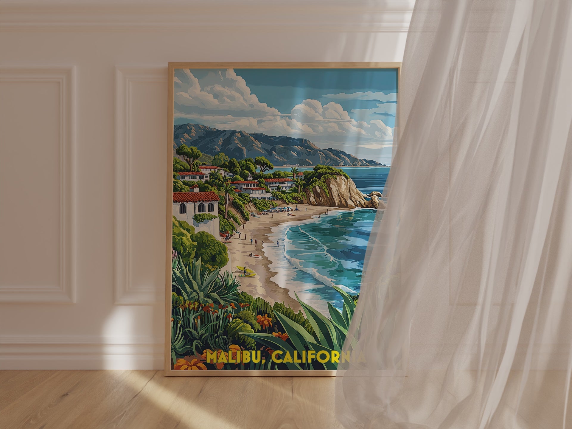 Vibrant vintage travel poster of Malibu, California with ocean, surfers, and scenic landscape in wall art print.