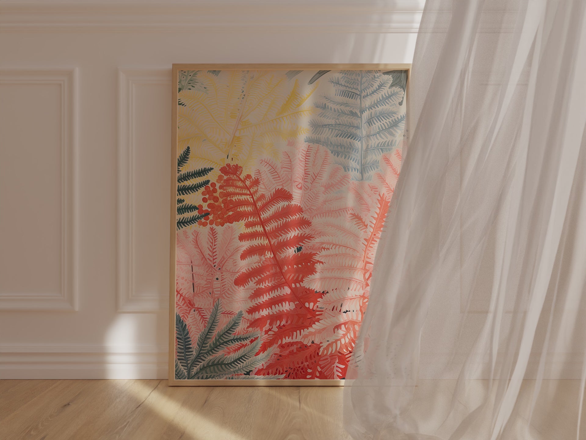 Boho Forest Radiance wall art print featuring vibrant pastel ferns in coral, blush, and golden yellow.