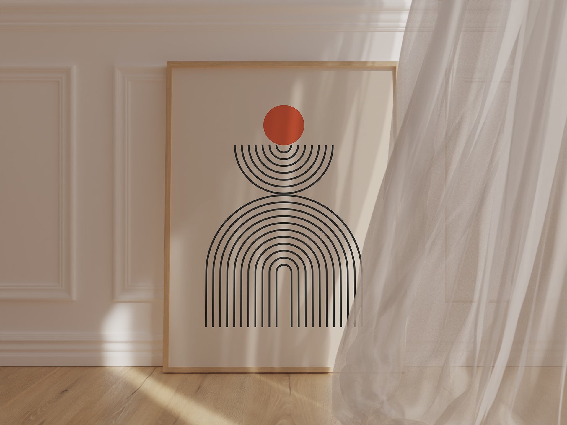 Modern Totem art print featuring Bauhaus-inspired geometric shapes in black and orange, perfect for minimalist decor.