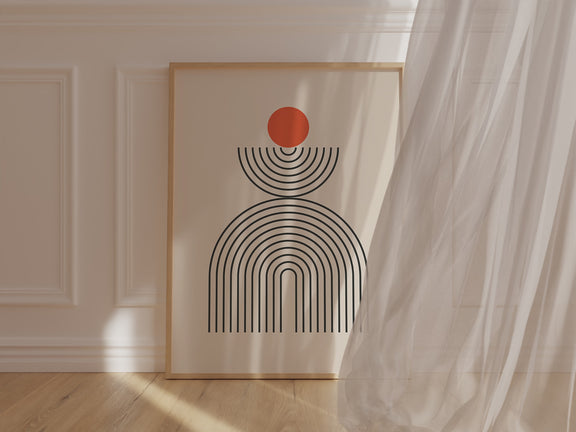 Modern Totem art print featuring Bauhaus-inspired geometric shapes in black and orange, perfect for minimalist decor.