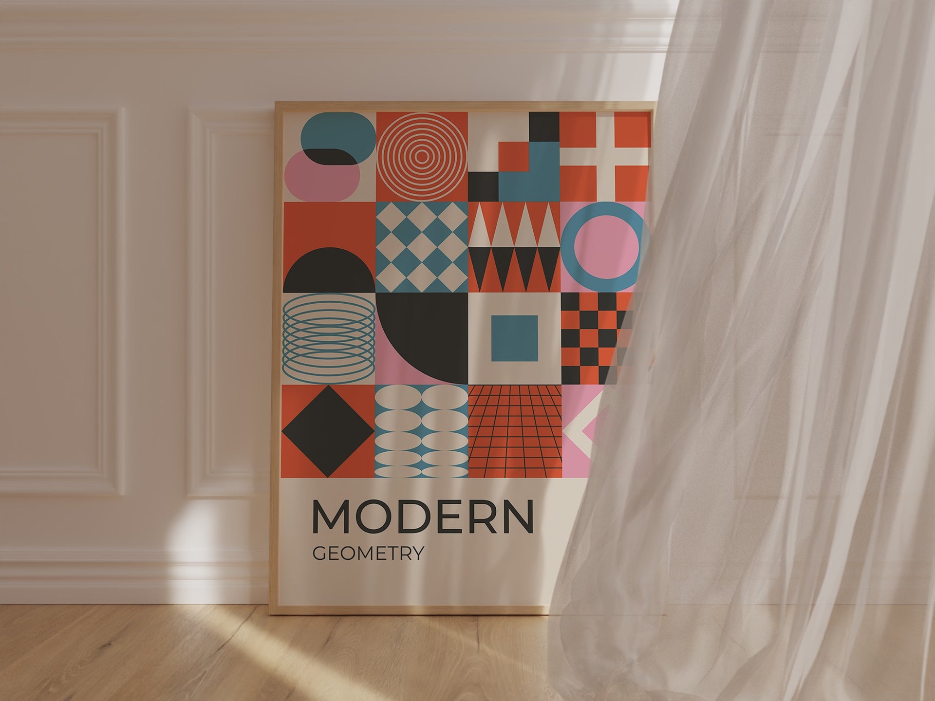 Abstract Bauhaus wall art print featuring geometric shapes in bold colors like orange and pink.