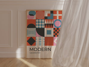 Abstract Bauhaus wall art print featuring geometric shapes in bold colors like orange and pink.