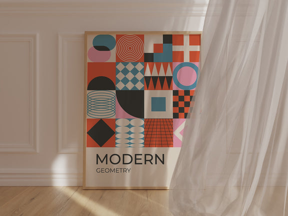 Abstract Bauhaus wall art print featuring geometric shapes in bold colors like orange and pink.
