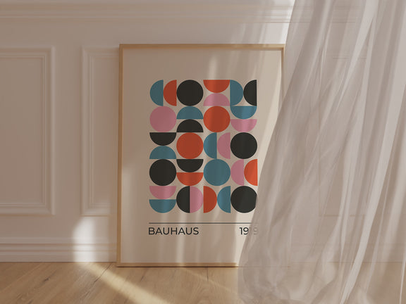 Semicircle Symphony wall art print featuring Bauhaus design with geometric shapes and vibrant colors.