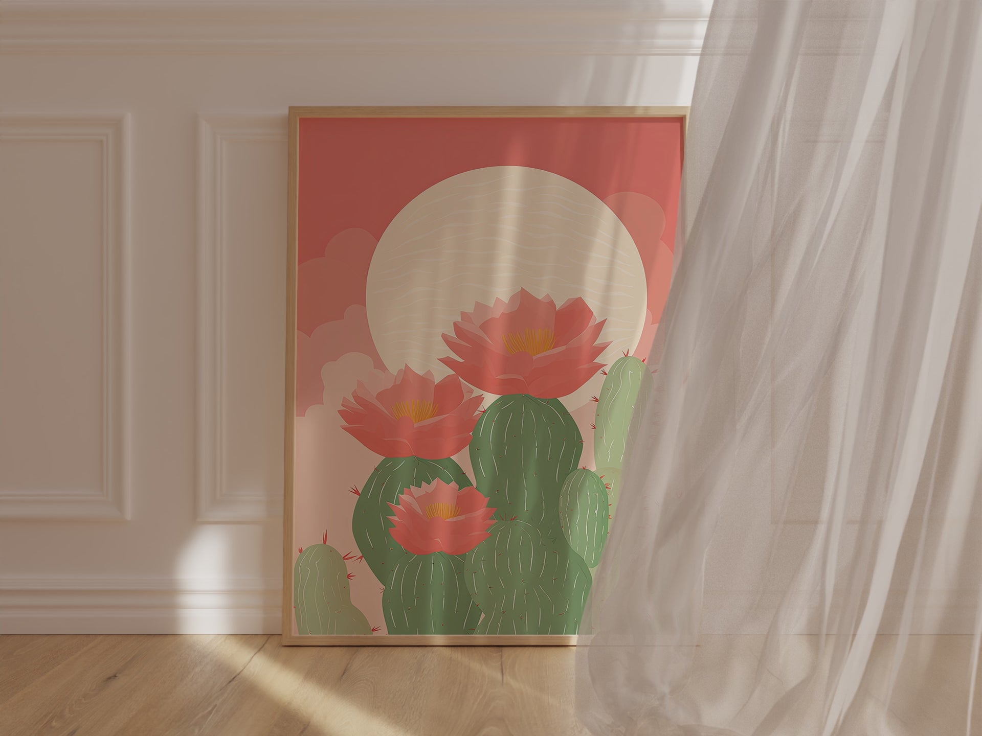 Moonlit Desert Blooms, a modern cactus wall art print with flowers and a full moon, embodying Bohemian art style.