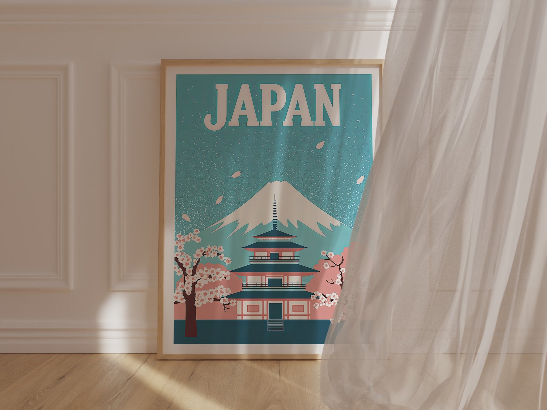 Vintage travel poster featuring Mount Fuji and cherry blossoms, showcasing Japanese elegance in wall art.