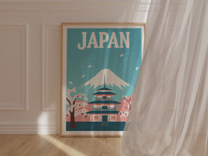 Vintage travel poster featuring Mount Fuji and cherry blossoms, showcasing Japanese elegance in wall art.