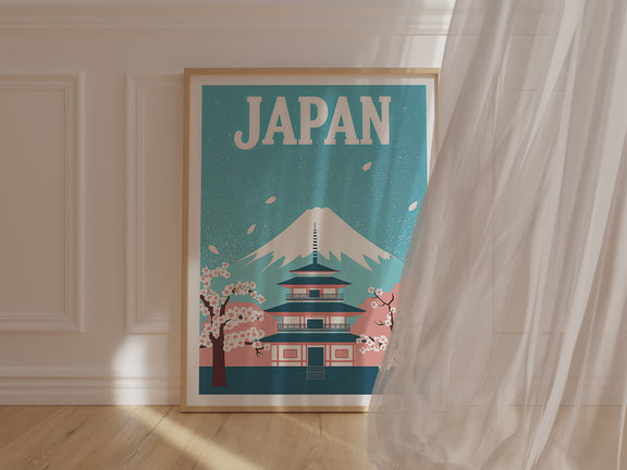 Vintage travel poster featuring Mount Fuji and cherry blossoms, showcasing Japanese elegance in wall art.