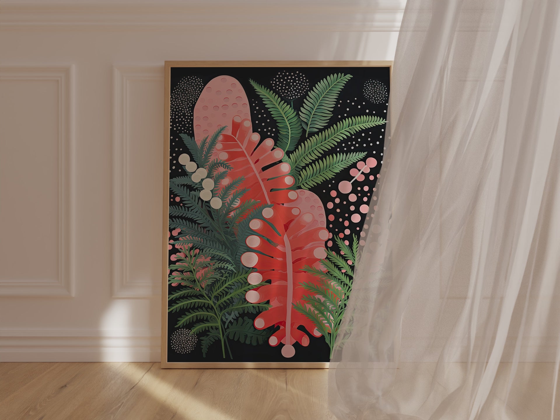 Abstract Jungle Glow wall art print featuring vibrant leaves and ferns on a black background, perfect for modern bohemian decor.