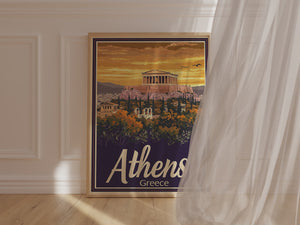 Vintage travel poster of Athens, Greece featuring the Parthenon at sunset surrounded by lush landscape.