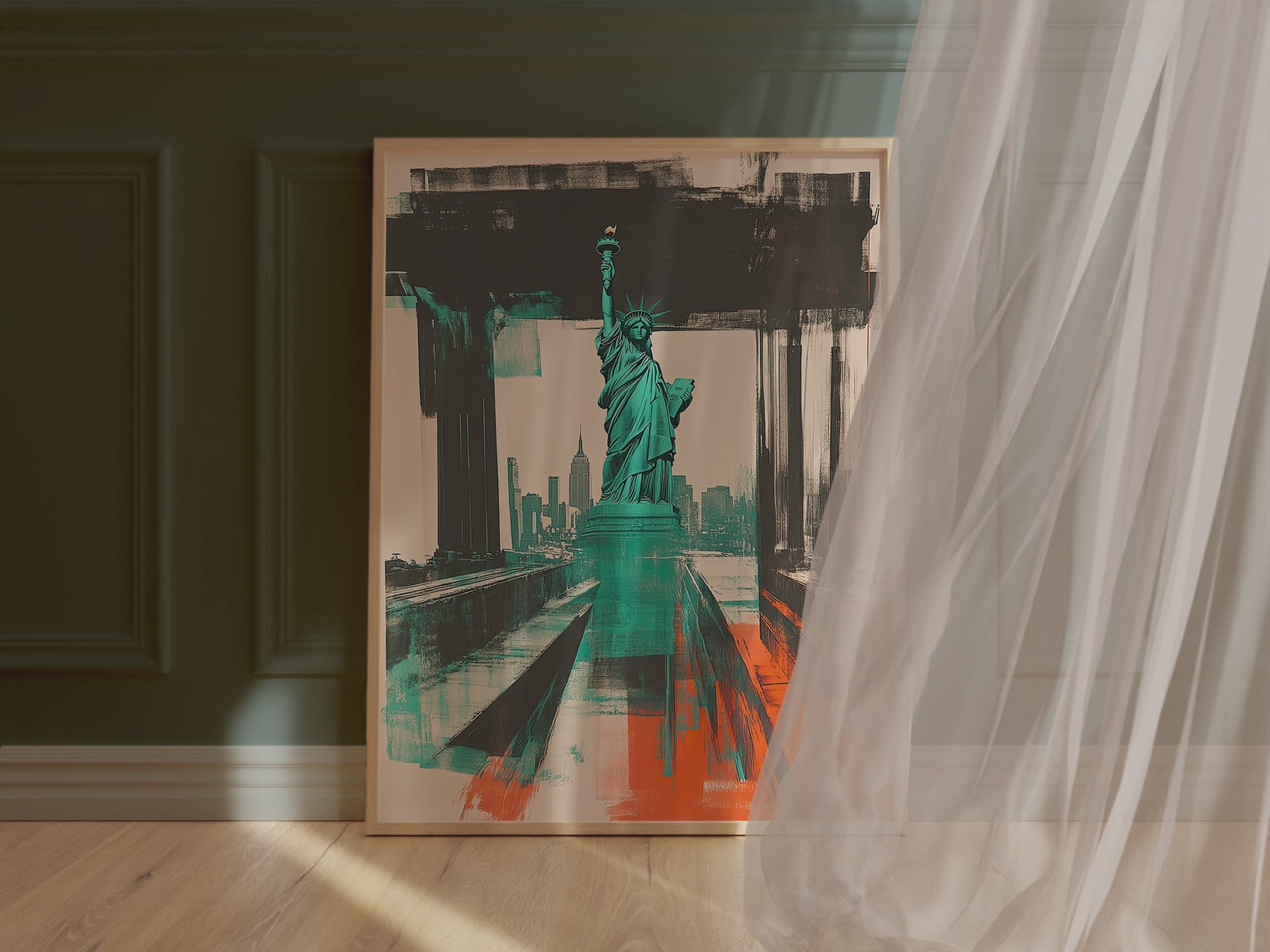 Art print featuring the Statue of Liberty against a modern New York skyline in vibrant teal and orange colors.